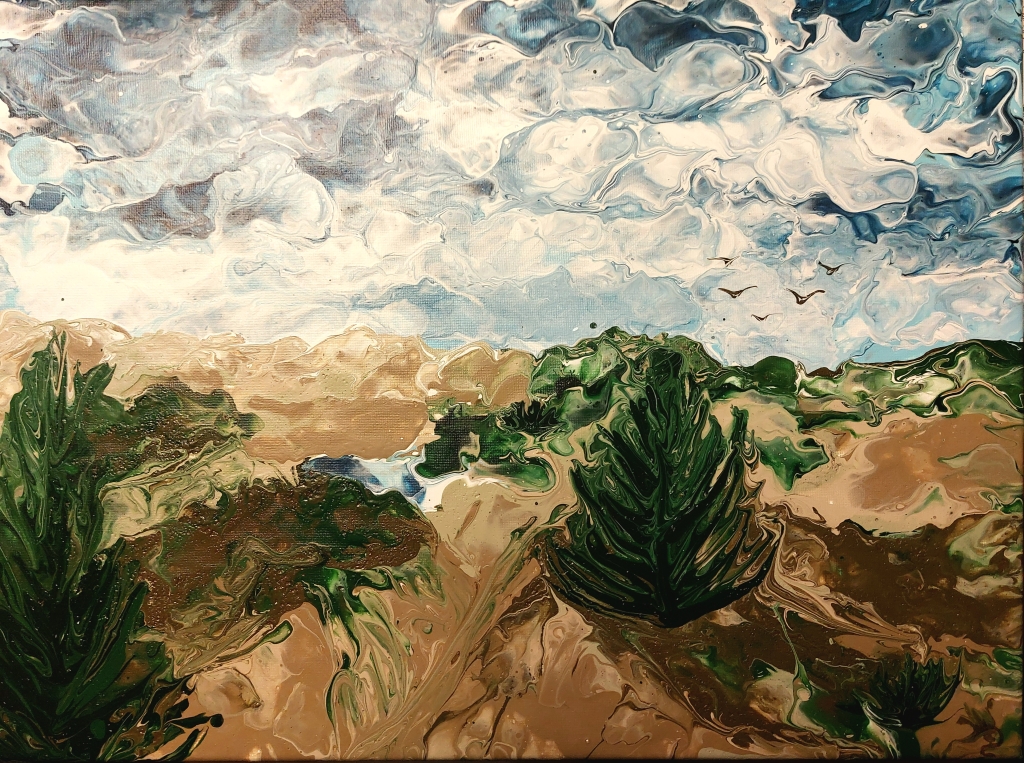 The famous Dutch skies are made with copious amounts of Prussian Blue, mixed with lighter tones. The atmospheric feel of the dunes is created by using tones of the sand colour. The green and a little blue create life in this scene that would otherwise be very desolate indeed.