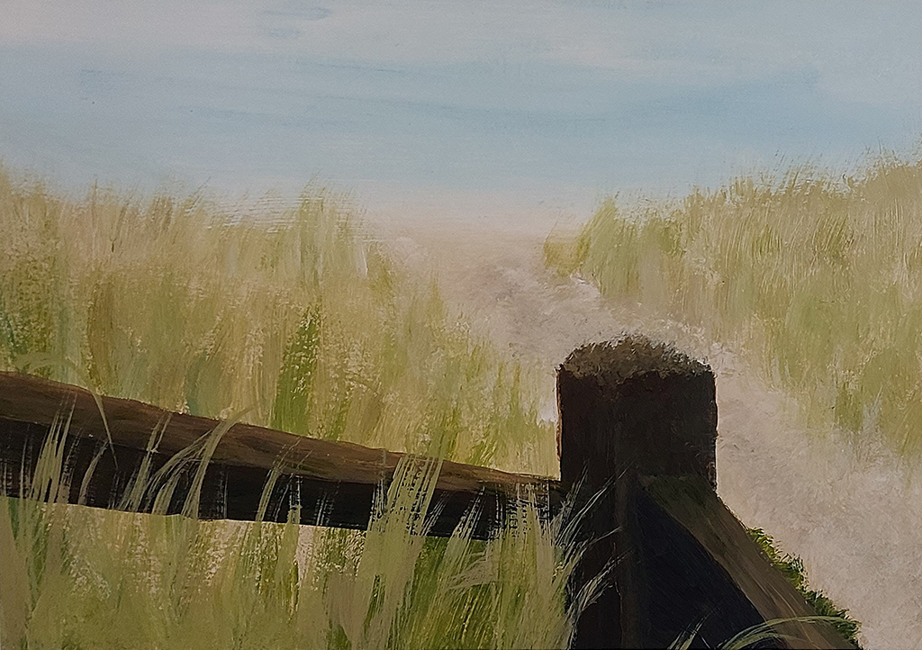 An old, sturdy fencepost blocks part of the dune landscape. In between the lush beachgrass a path leads over the crest of the dune into the horizon. Due to the placement of the fence you feel like you’re not currently on the path itself.