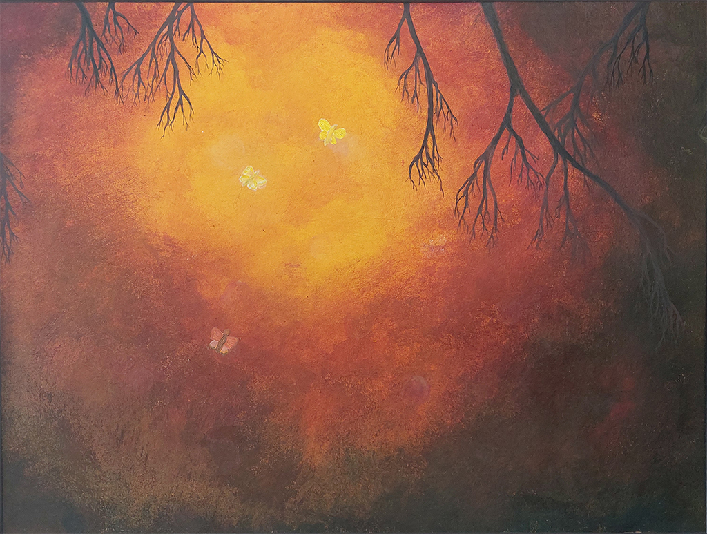 An orange glow hangs over a foggy scene. Nothing can be seen beyond some branches in the foreground and a few small butterflies moving from the darkness towards the lightest point in the sky. A foggy autumn night is upon you.