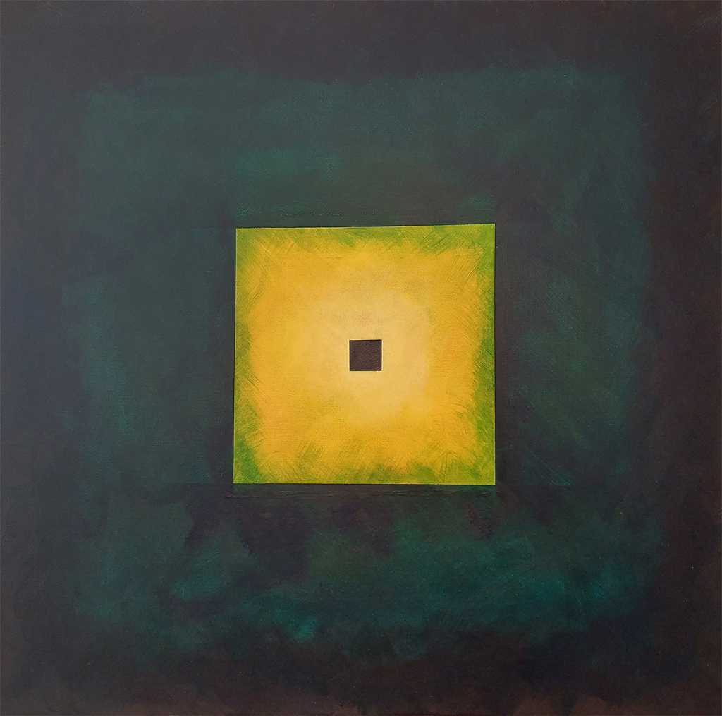 This colourfield theory inspired 60x60cm painting starts from a black border and fades into a lush green field. A yellow square with another lush green square inside it make up the entire painting. As this style is so far removed from my more lifelike painting style I decided to call this big square piece “Out of the Box”, because, though it is boxy it’s out of the box for my.