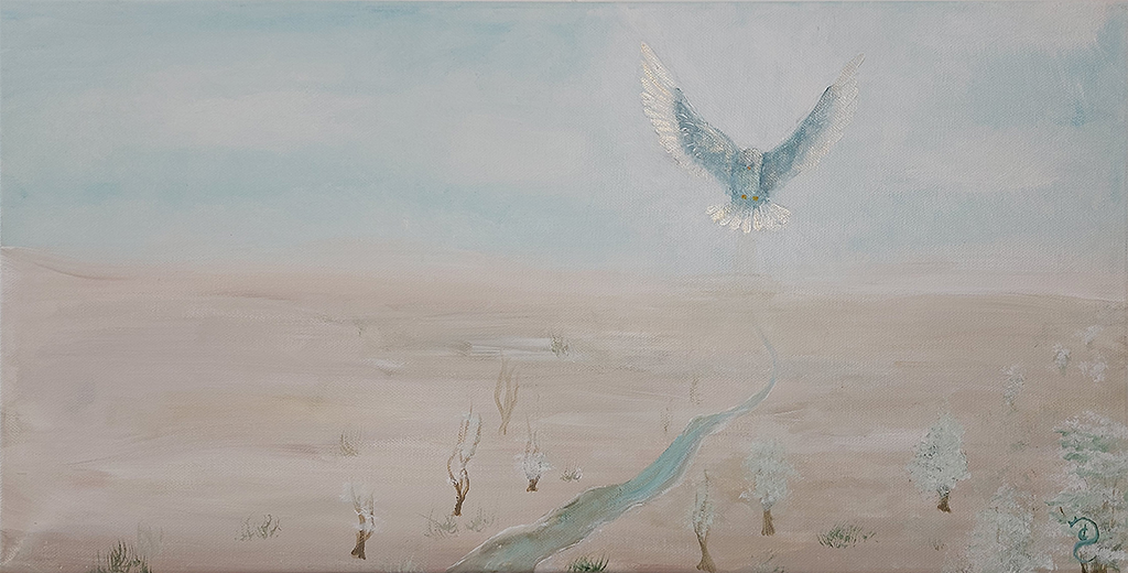 A hazy desert landscape is cut in two by a river. One side of the river is a desert, dry and barren. On the other side the landscape starts turning greener and greener. A colourful dove hovers protectively over the scene.