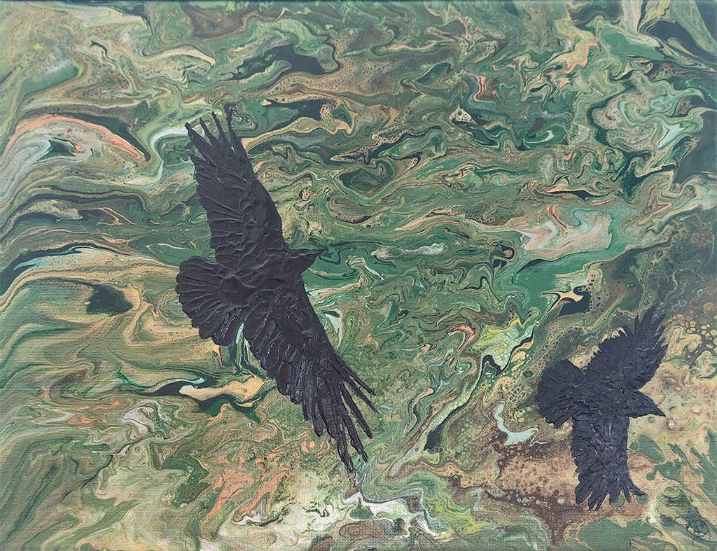 Looking at a landscape from high above, you won’t see much detail. The land is a whirl of interlacing colours in white, brown and green hues. And above that two black birds are flying. One slightly bigger than the other. Both are placed above the land because the palette knife makes the layers of the birds in 3D. If you could touch the painting you could feel the birds above the smoothly poured landscape.