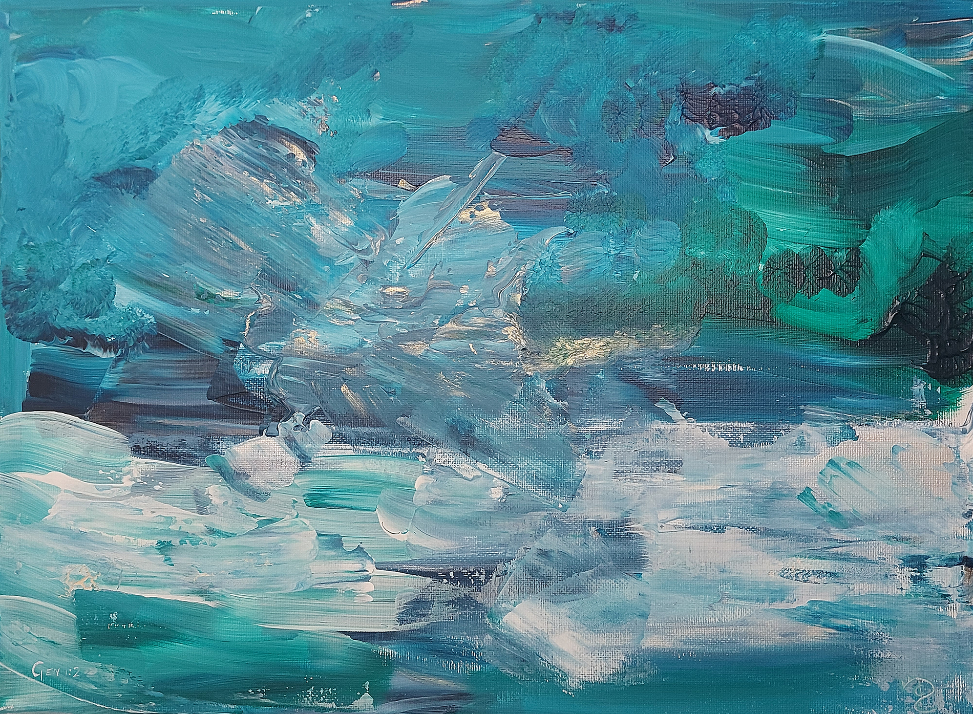 In this very abstract picture depicts choppy white-greenish water and a restless teal blue and greenish sky. The sky seems to be crossed by some flying bird, flying towards the left. The bird itself is hardly visible, but for the different direction of the strokes and the subtle glistening of it’s shape. The end result was a big surprise to myself, as this was painted with my eyes closed from the moment I prepped all my material and positioned dots on the canvas. The first thing that came to mind was the scripture from Genesis 1. I therefore named the painting “Spirit of God”, but in Hebrew; “Veruach Elohim”.