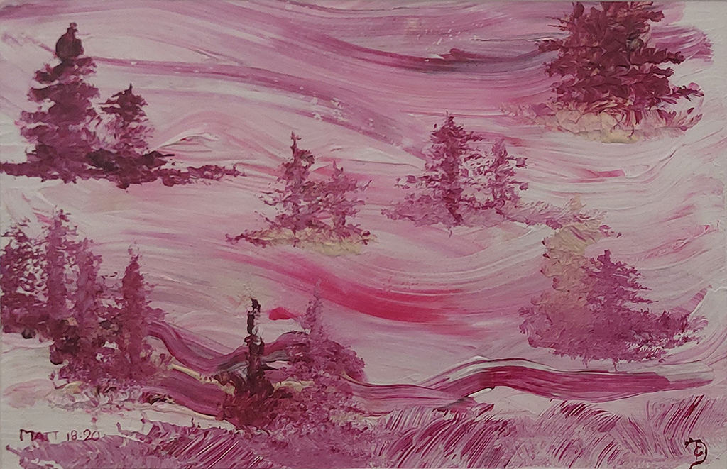 This painting was created in a very short time at the end of a worship evening. When we started splitting up in little groups to pray for one another, an image came into my mind with such clarity that I did not hesitate. I grabbed my paint once more and created this dreamlike landscape with trees in whites, pinks and soft purples. The scripture that came with the image reads: “Where two or more are gathered in My Name, I will be with them”. Fun fact: I painted this upside down!