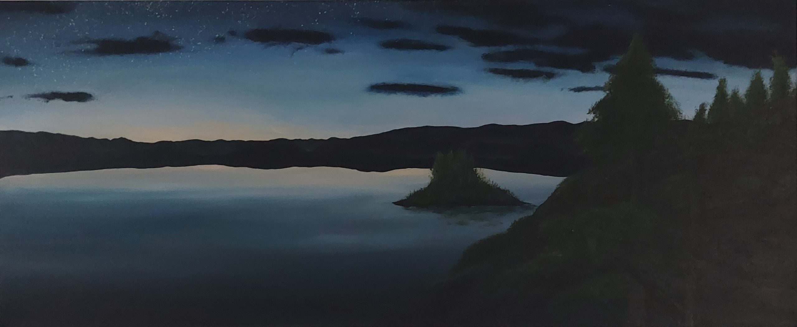 “There is always light” shows you a wide, Norwegian inspired landscape. Under a midnight sun you can see both the stars and a bit of sunlight peeping over the horizon. The sun is reflected in a vast body of water. The horizon is obscured by a broad range of low mountains. Before your view of the water is obscured by a cliff, you can see a little island on the right side of the painting. The painting depicts part of my journey up from the depths of despair after my brain injury. My life isn’t always easy but I find little spots of light to help me continue onwards. There is always light, somewhere!